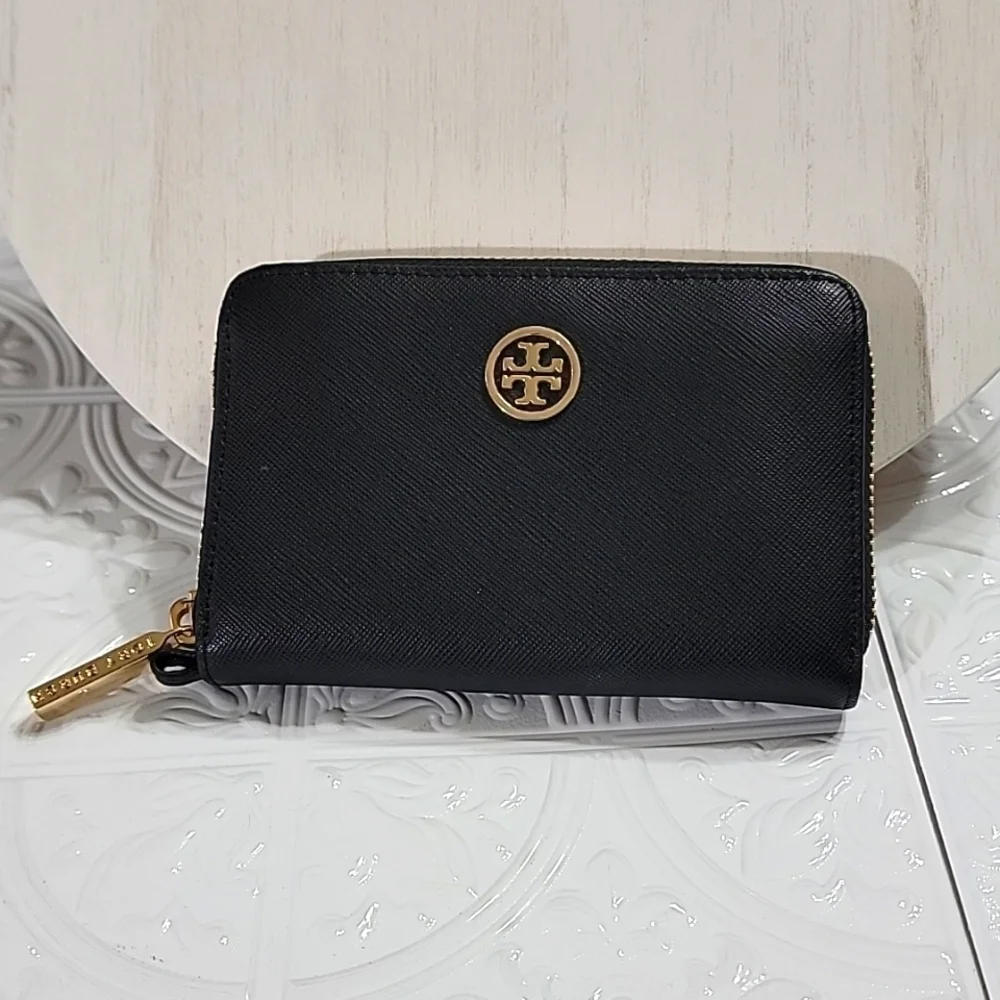 Tory Burch Emerson Mini Black Saffiano Leather Zip Around Wallet Authentic